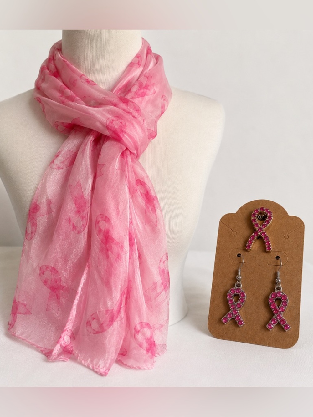Pink Ribbon Breast Cancer Awareness Scarf  Rhinestone Earrings Jewelry Set NWT